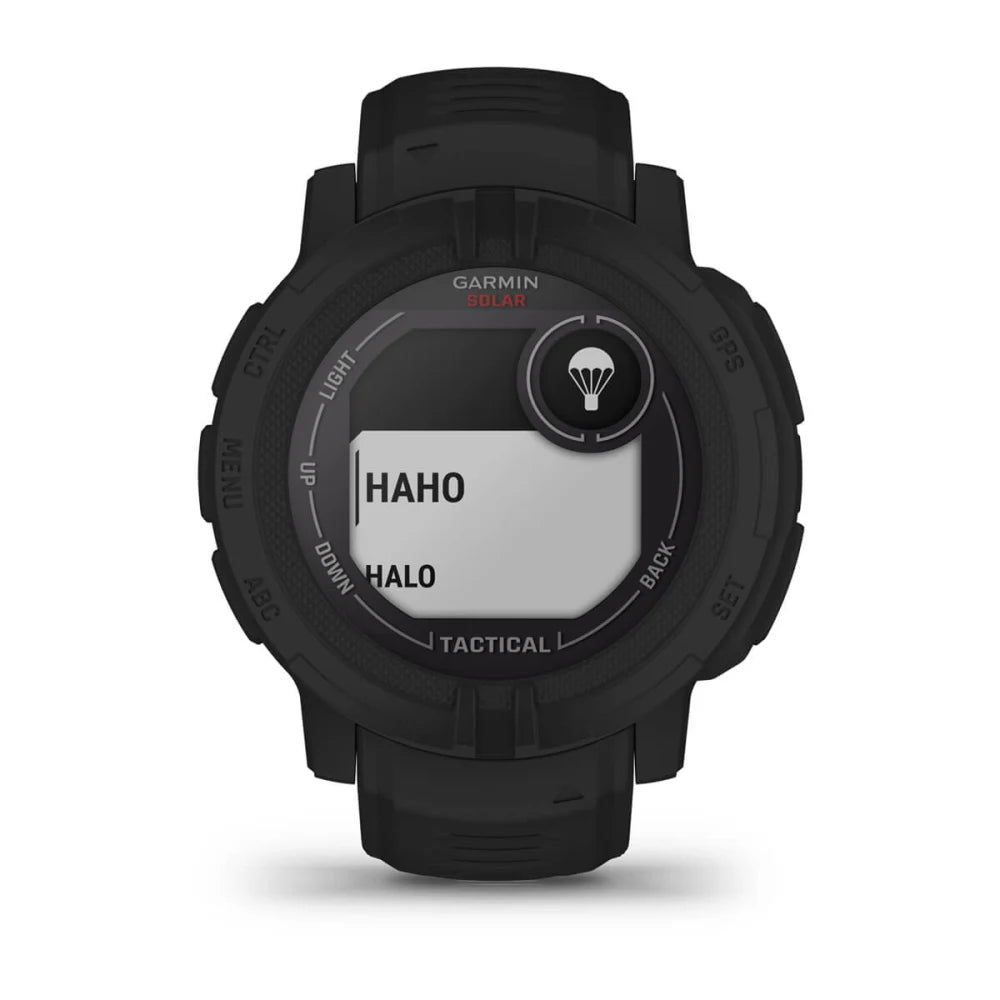 Garmin Instinct 2 Solar Tactical Edition smartwatch displaying 'HAHO' and 'HALO' options on its screen, featuring a rugged black design.