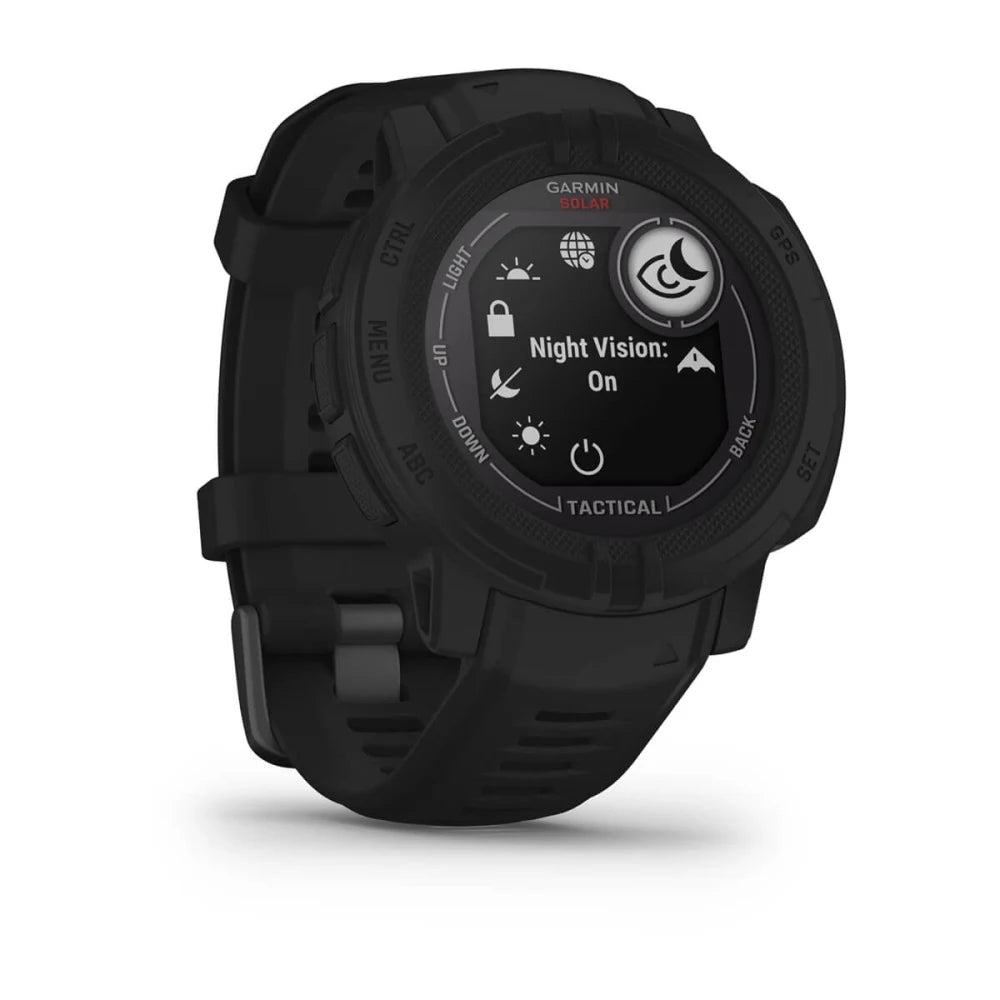 Garmin Instinct 2 Solar Tactical Edition smartwatch displaying the Night Vision: On setting on its screen, featuring a rugged black design.