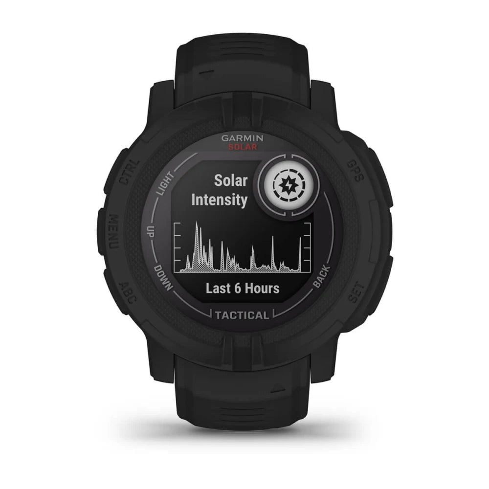 Garmin Instinct 2 Solar Tactical Edition smartwatch displaying solar intensity data for the last 6 hours.