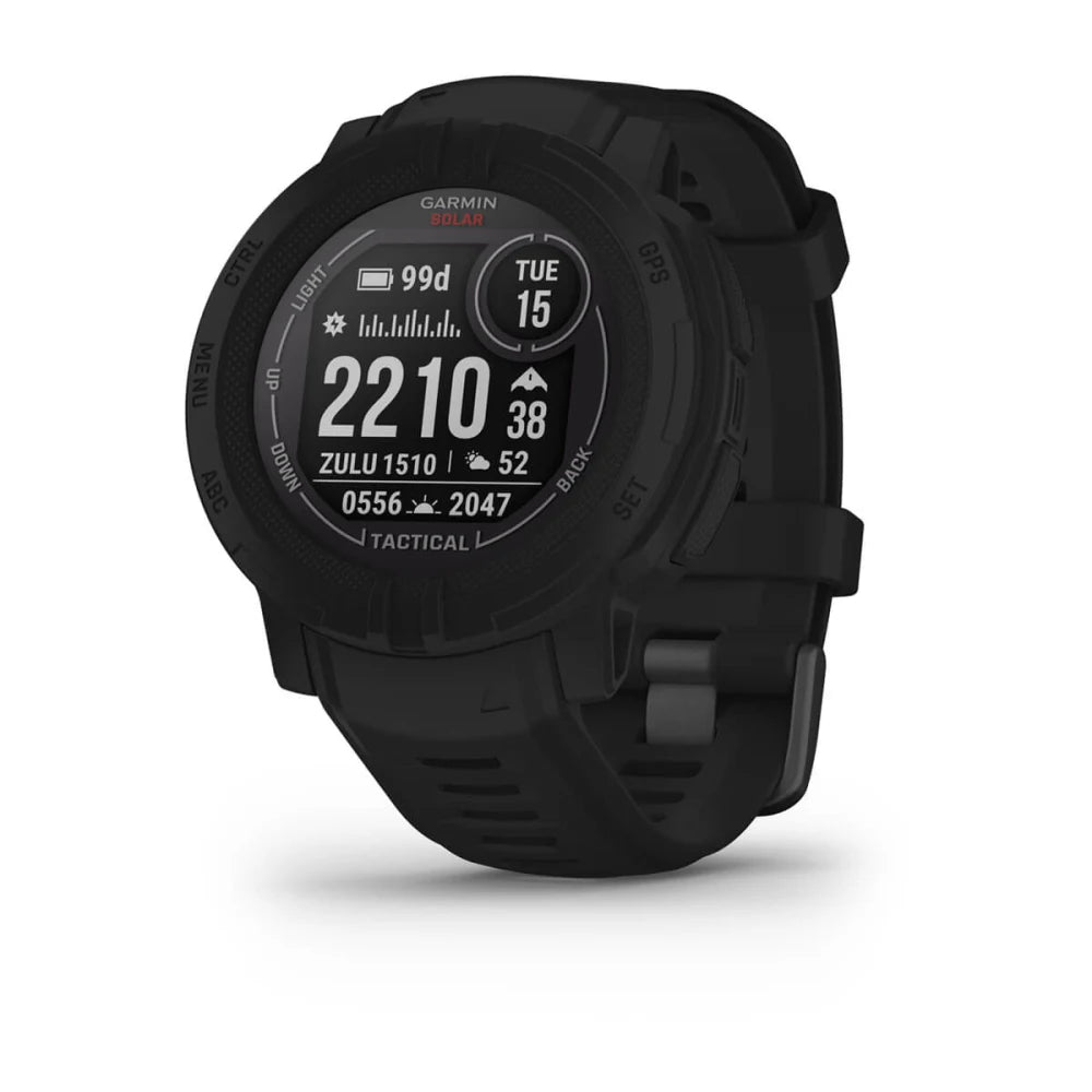 Garmin Instinct 2 Solar Tactical Edition smartwatch displaying various tactical features and data on a black screen.