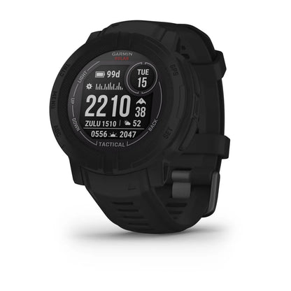 Garmin Instinct 2 Solar Tactical Edition smartwatch displaying various tactical features and data on a black screen.