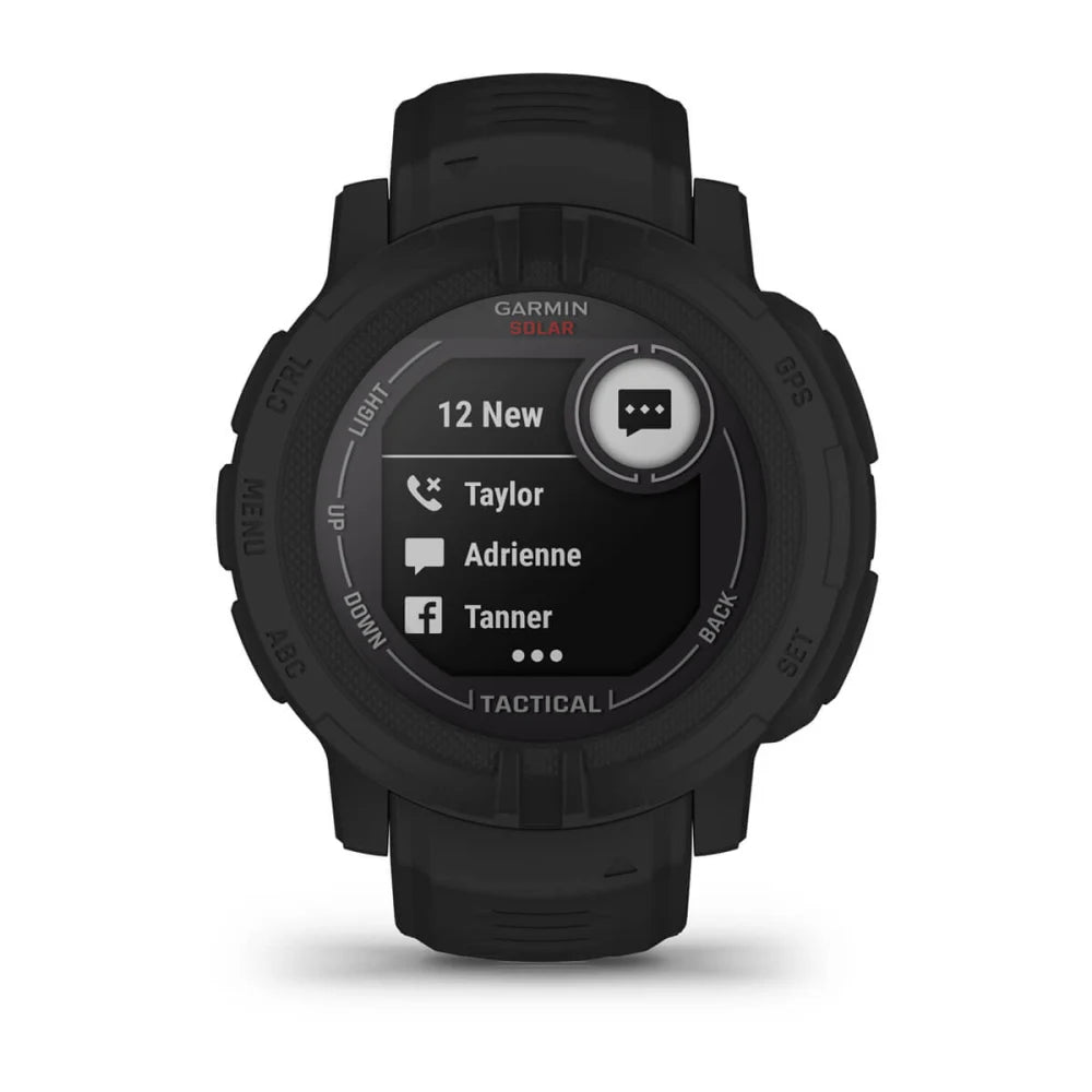 Garmin Instinct 2 Solar Tactical Edition smartwatch displaying notifications from contacts.