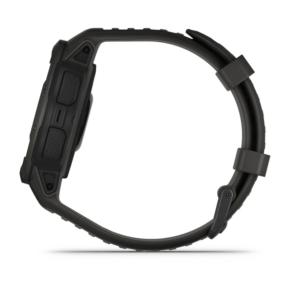 A side view of a rugged green smartwatch with textured buttons and a sturdy strap.