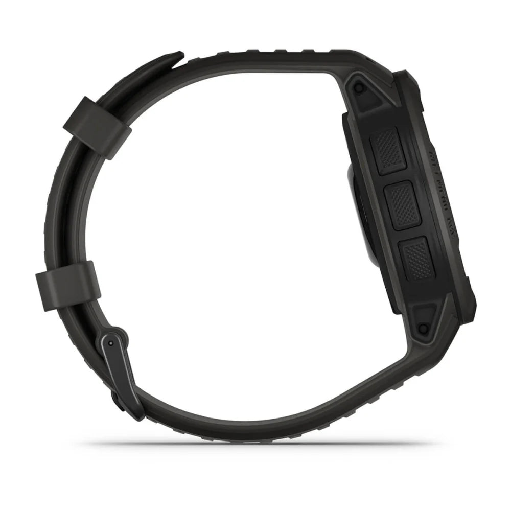 Side view of a rugged green smartwatch with a textured strap and multiple buttons on the side.