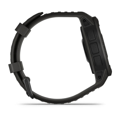 Side view of a rugged green smartwatch with a textured strap and multiple buttons on the side.