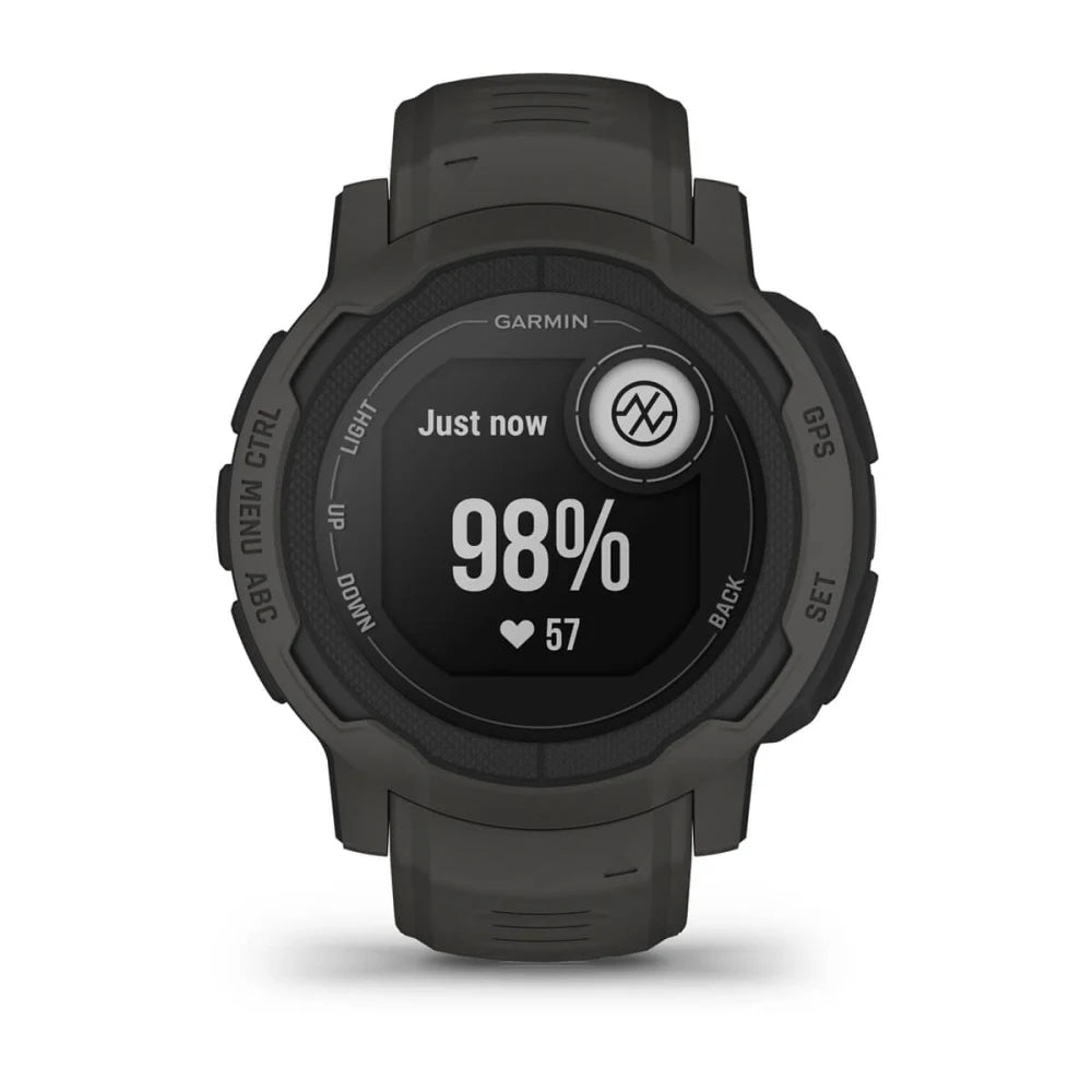Garmin smartwatch displaying a heart rate of 57 beats per minute and an oxygen saturation level of 98%, with a dark green strap and a digital interface showing Just now.