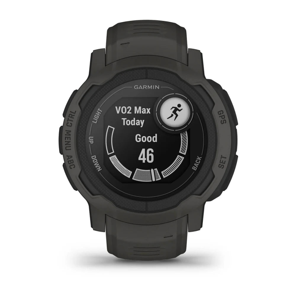 A Garmin sports watch displaying the VO2 Max reading for today, showing a score of 46 and labeled as Good, with a circular progress indicator on a dark screen.