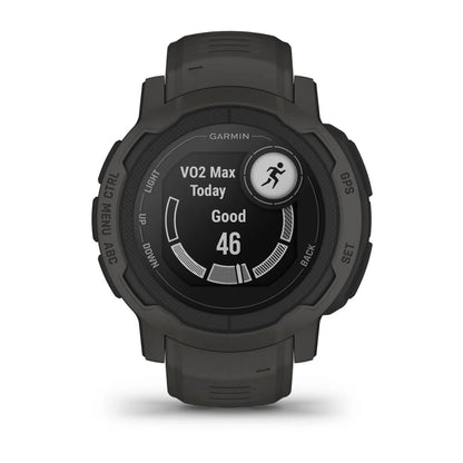 A Garmin sports watch displaying the VO2 Max reading for today, showing a score of 46 and labeled as Good, with a circular progress indicator on a dark screen.
