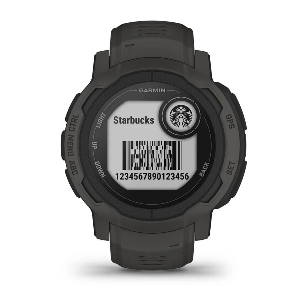 Garmin smartwatch displaying a Starbucks barcode and logo, featuring the text 'Starbucks' and a numerical code.
