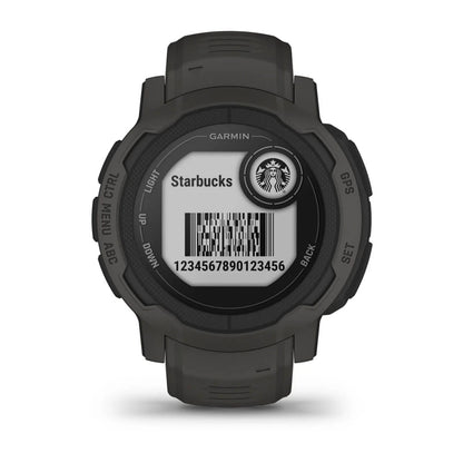 Garmin smartwatch displaying a Starbucks barcode and logo, featuring the text 'Starbucks' and a numerical code.