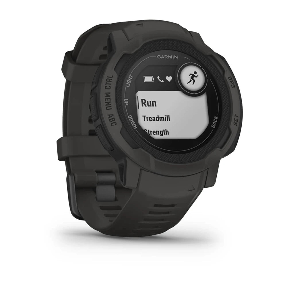 Garmin smartwatch displaying workout options including Run, Treadmill, and Strength, featuring a rugged green design.
