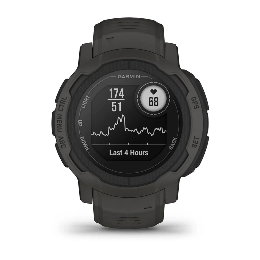 Garmin fitness watch displaying heart rate and activity data, featuring a dark green strap and a digital screen showing heart rate and statistics for the last four hours.