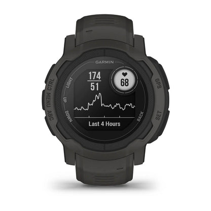 Garmin fitness watch displaying heart rate and activity data, featuring a dark green strap and a digital screen showing heart rate and statistics for the last four hours.