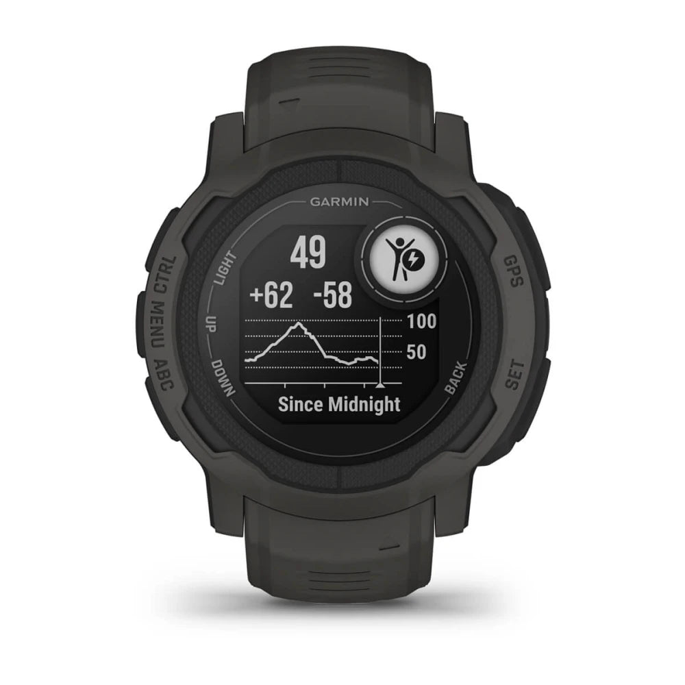 A Garmin smartwatch displaying fitness metrics, including heart rate (49 bpm), calories burned (+62), and steps taken (-58) since midnight, with a graphical representation of activity levels. The watch features a rugged design with a dark green strap.
