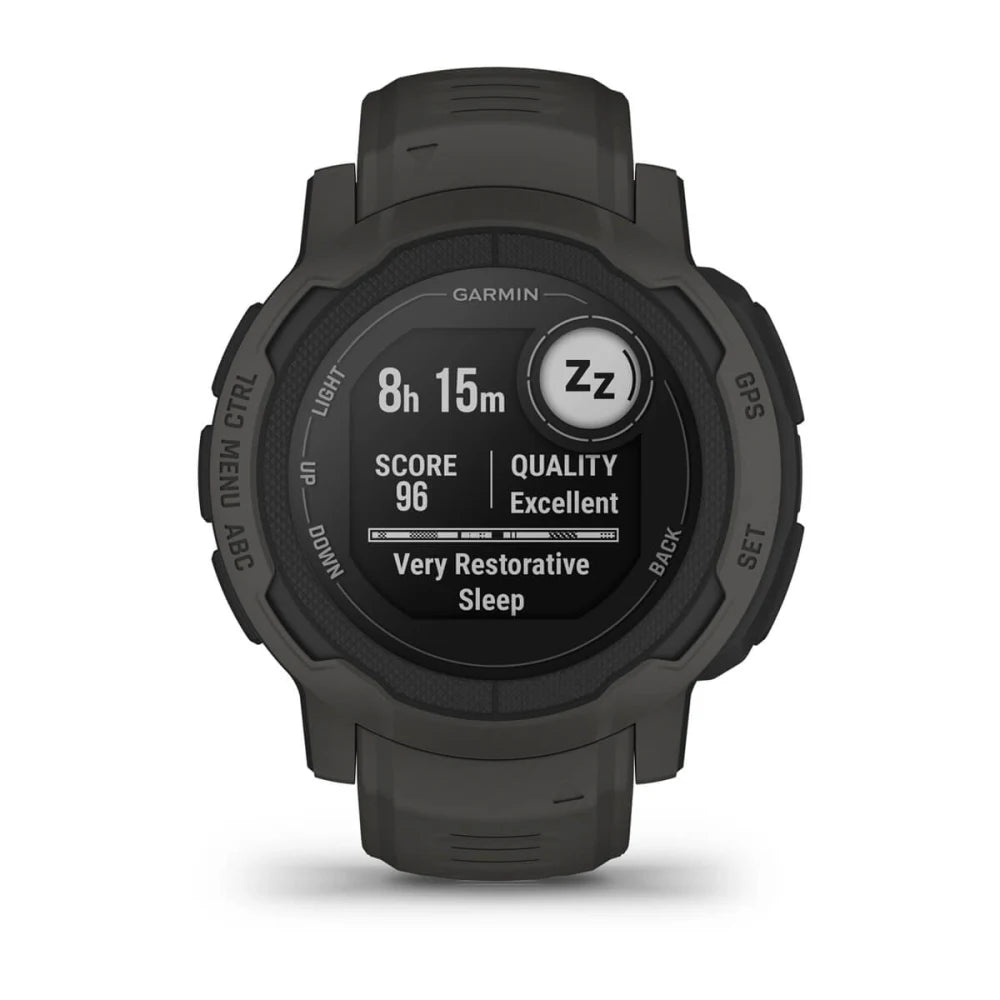A Garmin smartwatch displaying sleep data, showing 8 hours and 15 minutes of sleep, a score of 96, and a quality rating of 'Excellent' with the label 'Very Restorative Sleep.'