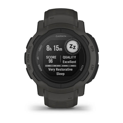 A Garmin smartwatch displaying sleep data, showing 8 hours and 15 minutes of sleep, a score of 96, and a quality rating of 'Excellent' with the label 'Very Restorative Sleep.'
