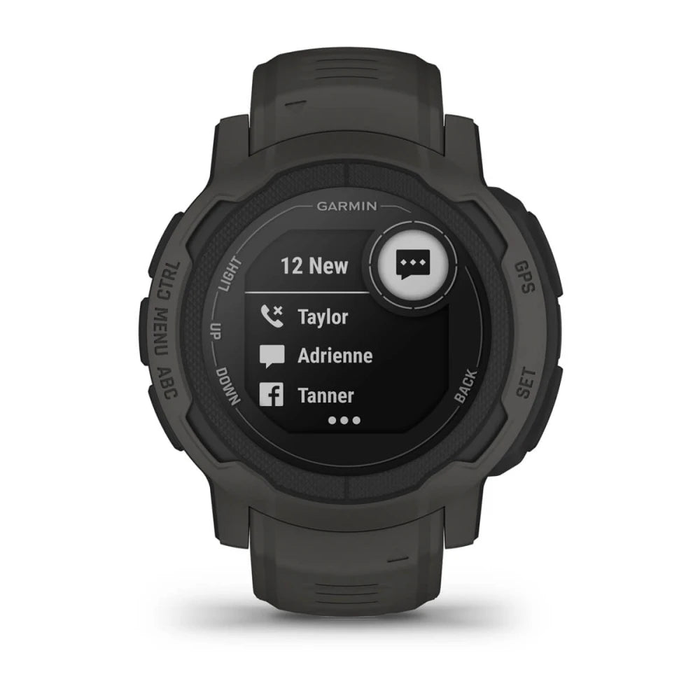 A Garmin smartwatch displaying a notification screen with four new messages, showing contacts named Taylor, Adrienne, and Tanner, against a dark background. The watch has a rugged design and a green strap.