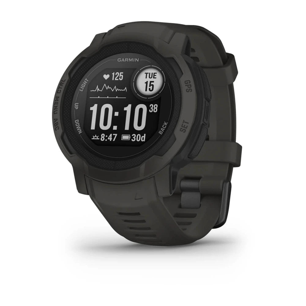 Garmin smartwatch displaying heart rate, time, and date, with a rugged design and dark green strap.