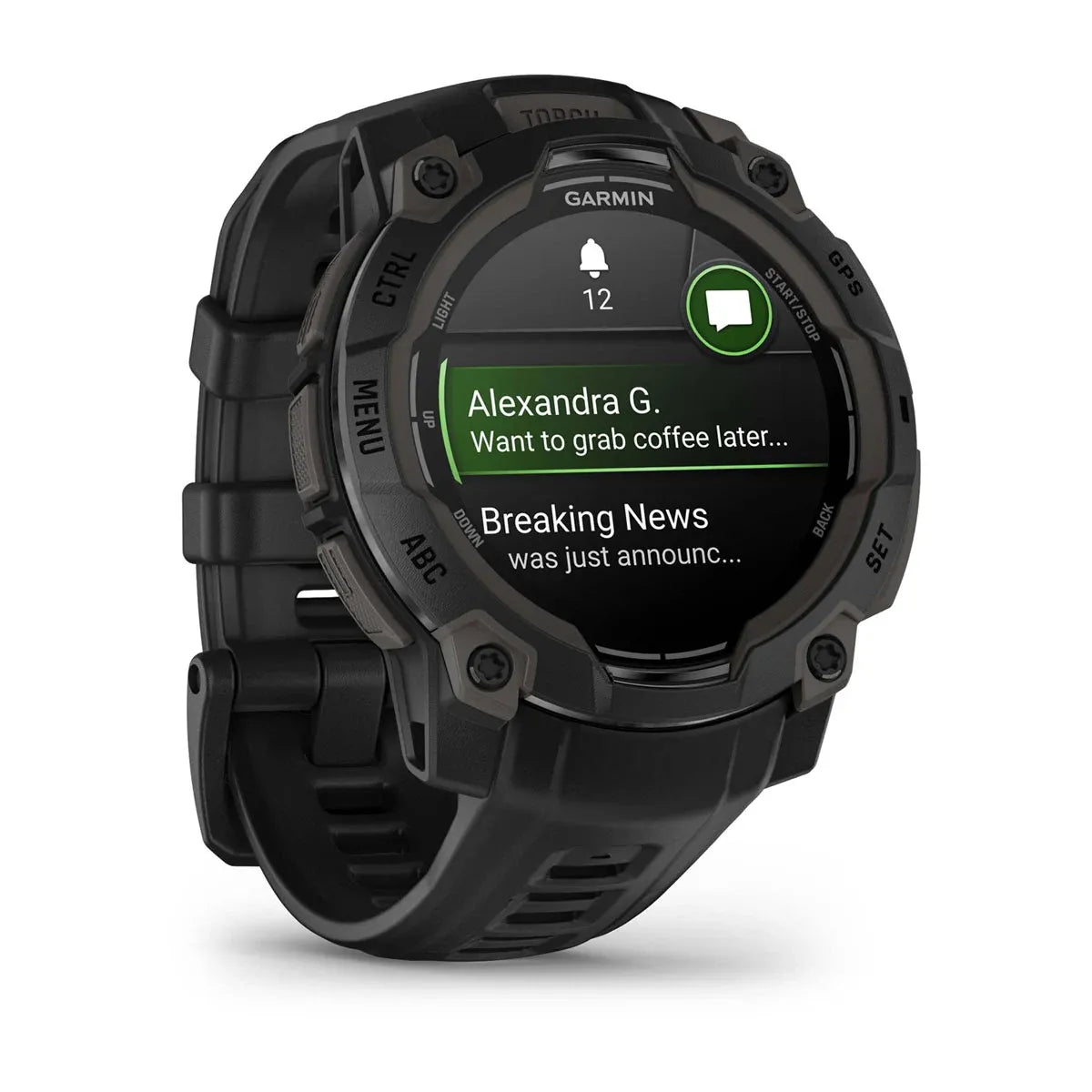 Garmin Instinct 3 AMOLED Black 45 mm – straight‑on hero with AMOLED display