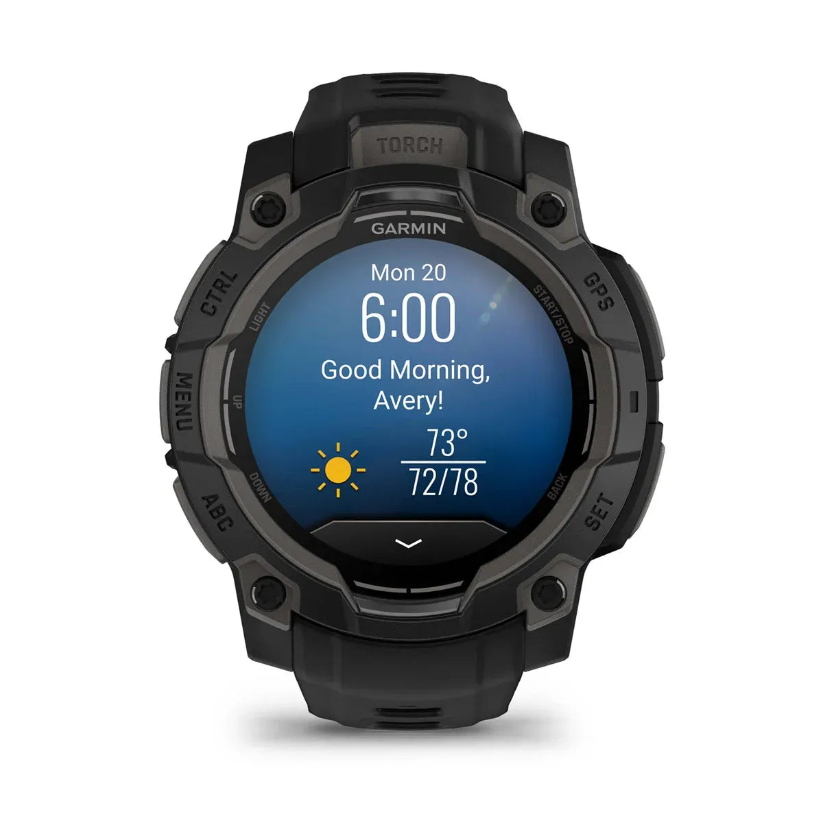 Garmin Instinct 3 AMOLED Black 45 mm – top view of bezel and lugs