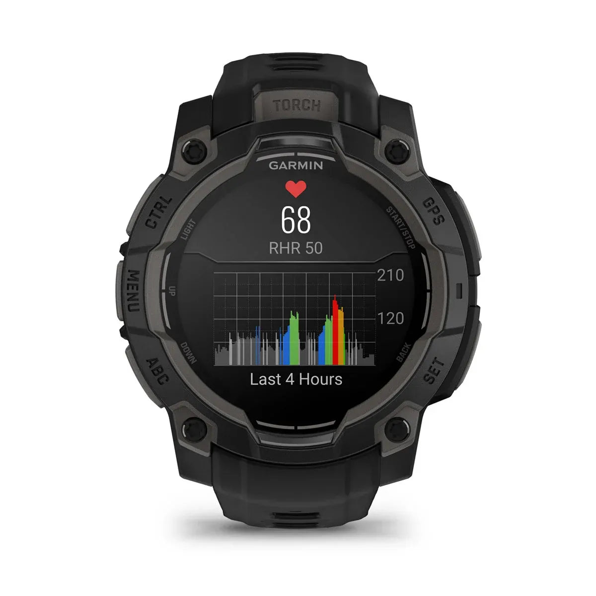 Garmin Instinct 3 AMOLED Black 45 mm – angled dial showing metrics