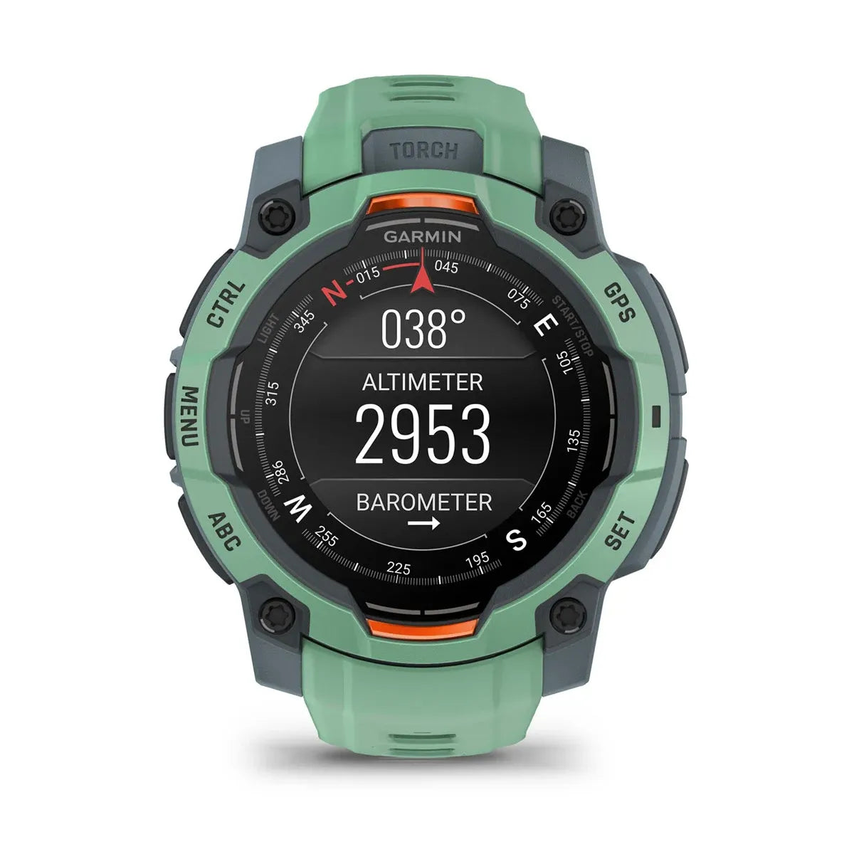 Garmin Instinct 3 AMOLED Neo Tropic 45 mm – angled dial showing metrics