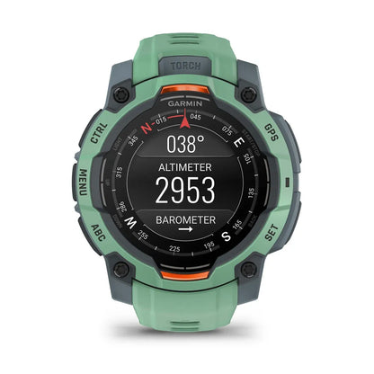 Garmin Instinct 3 AMOLED Neo Tropic 45 mm – angled dial showing metrics