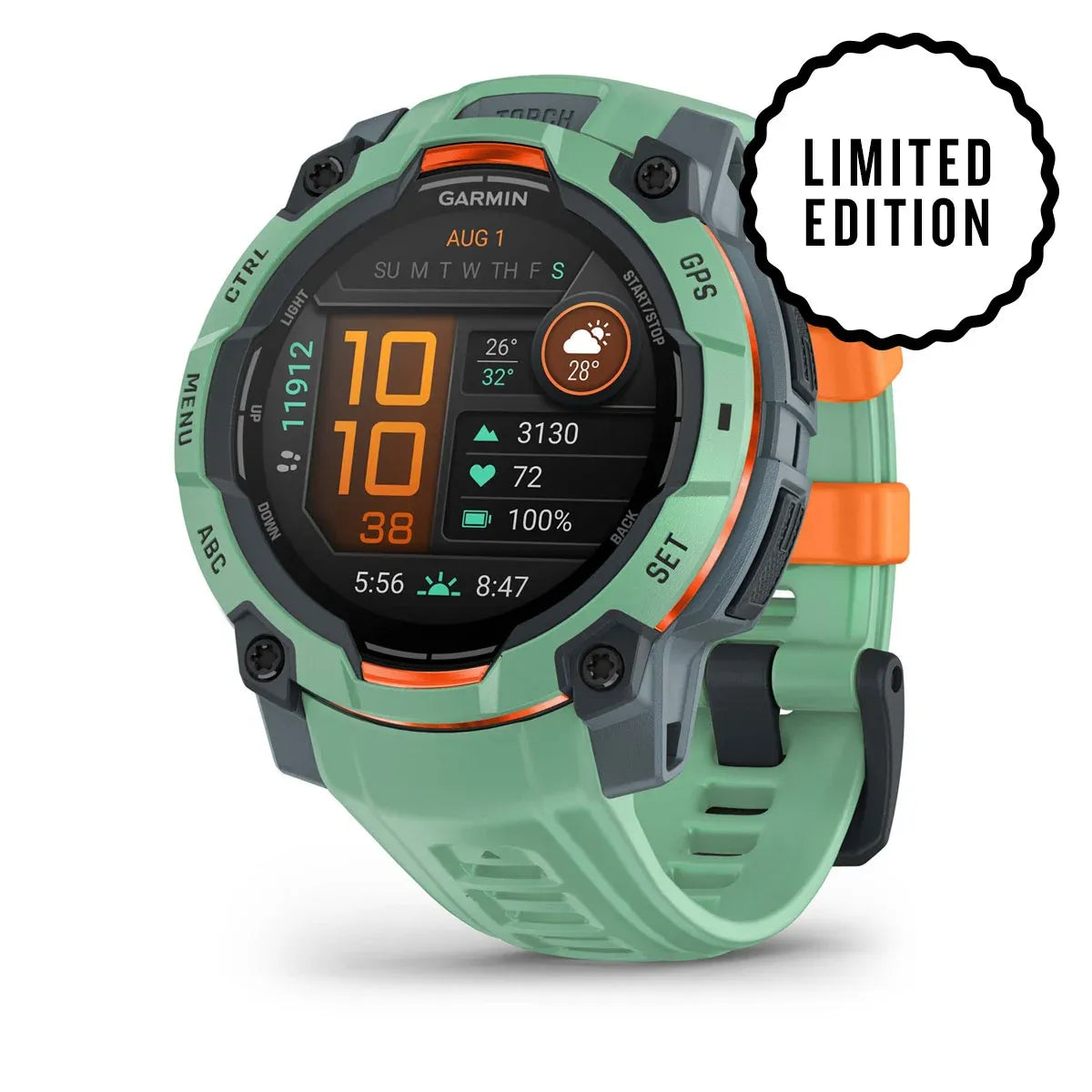 Garmin Instinct 3 AMOLED Neo Tropic 45 mm – rear sensor and charger close‑up