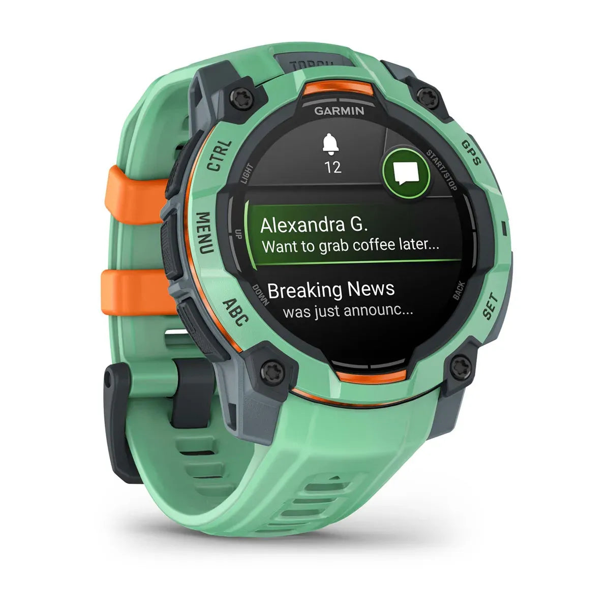 Garmin Instinct 3 AMOLED Neo Tropic 45 mm – straight‑on hero with teal strap