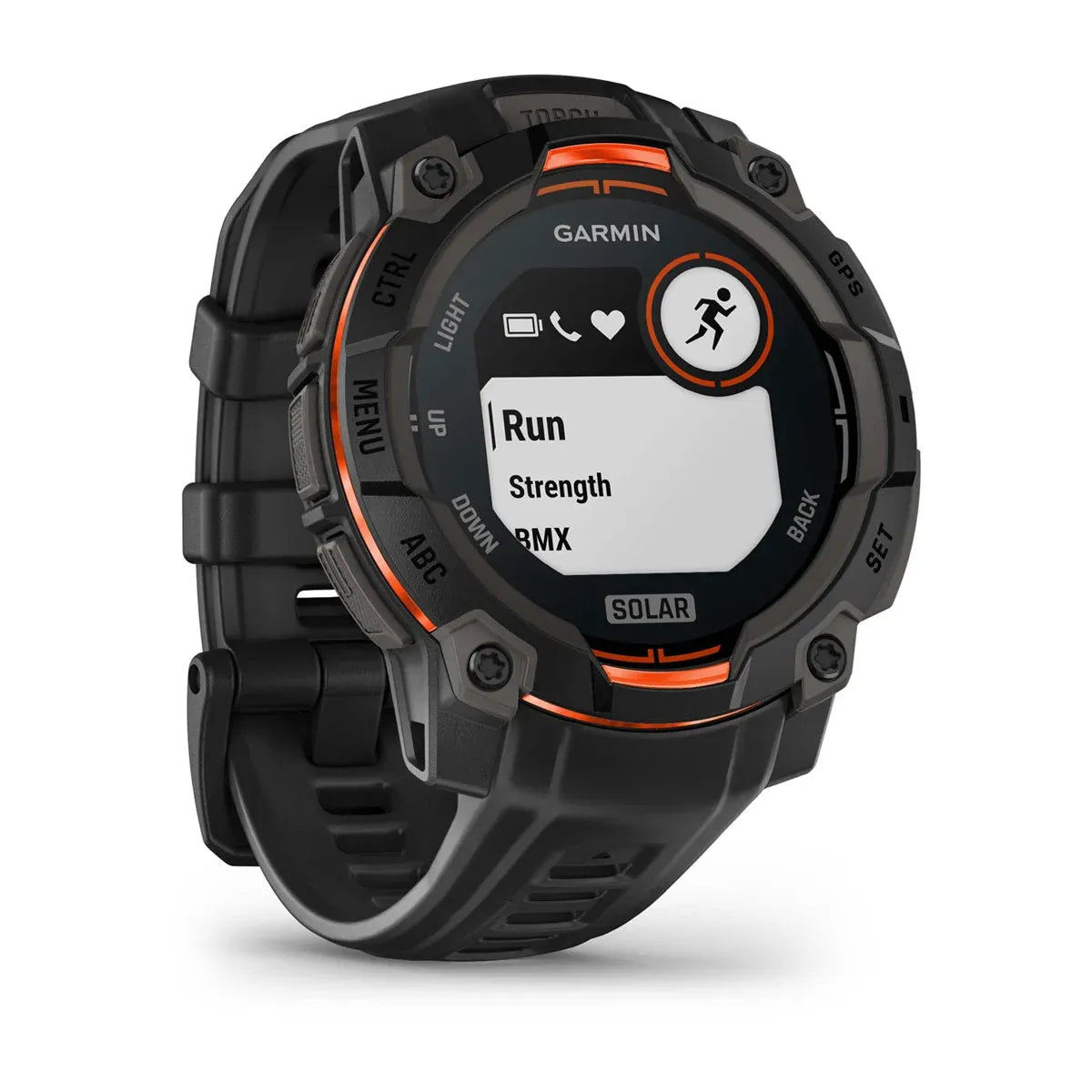Garmin Instinct 3 Solar Black 45 mm – angled hero showing solar ring (view 4)