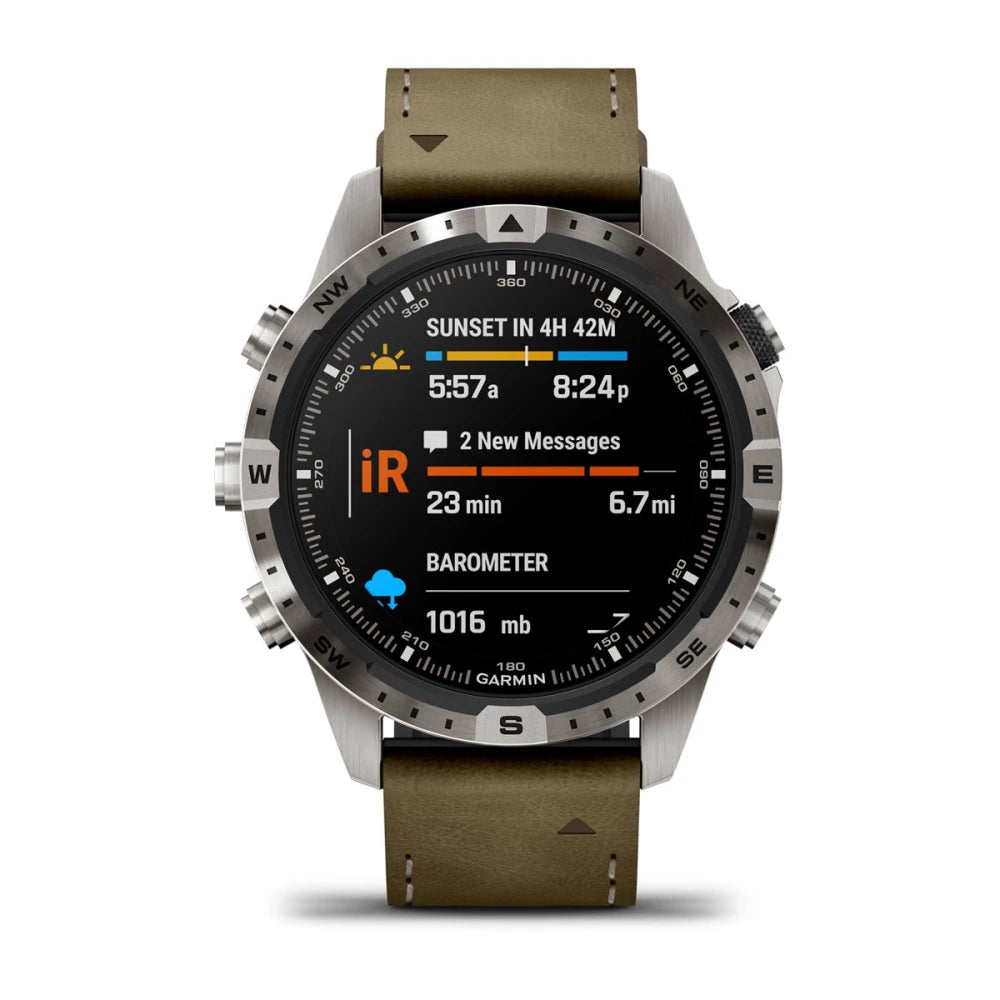 Garmin MARQ Adventurer (Gen 2) smartwatch displaying various features including sunset time, new messages, and barometer readings, with a brown leather strap.