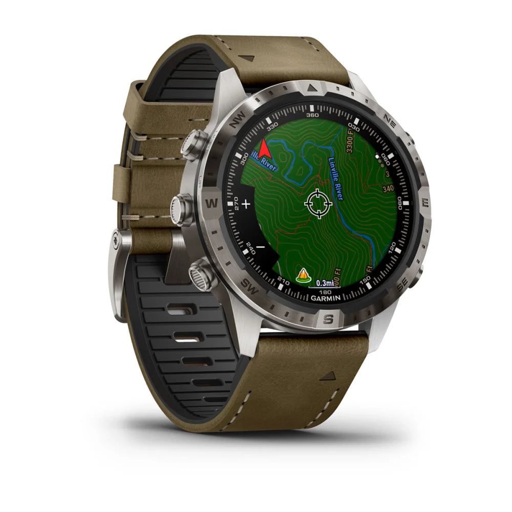 Garmin MARQ Adventurer (Gen 2) smartwatch with a topographic map display and a two-tone strap.