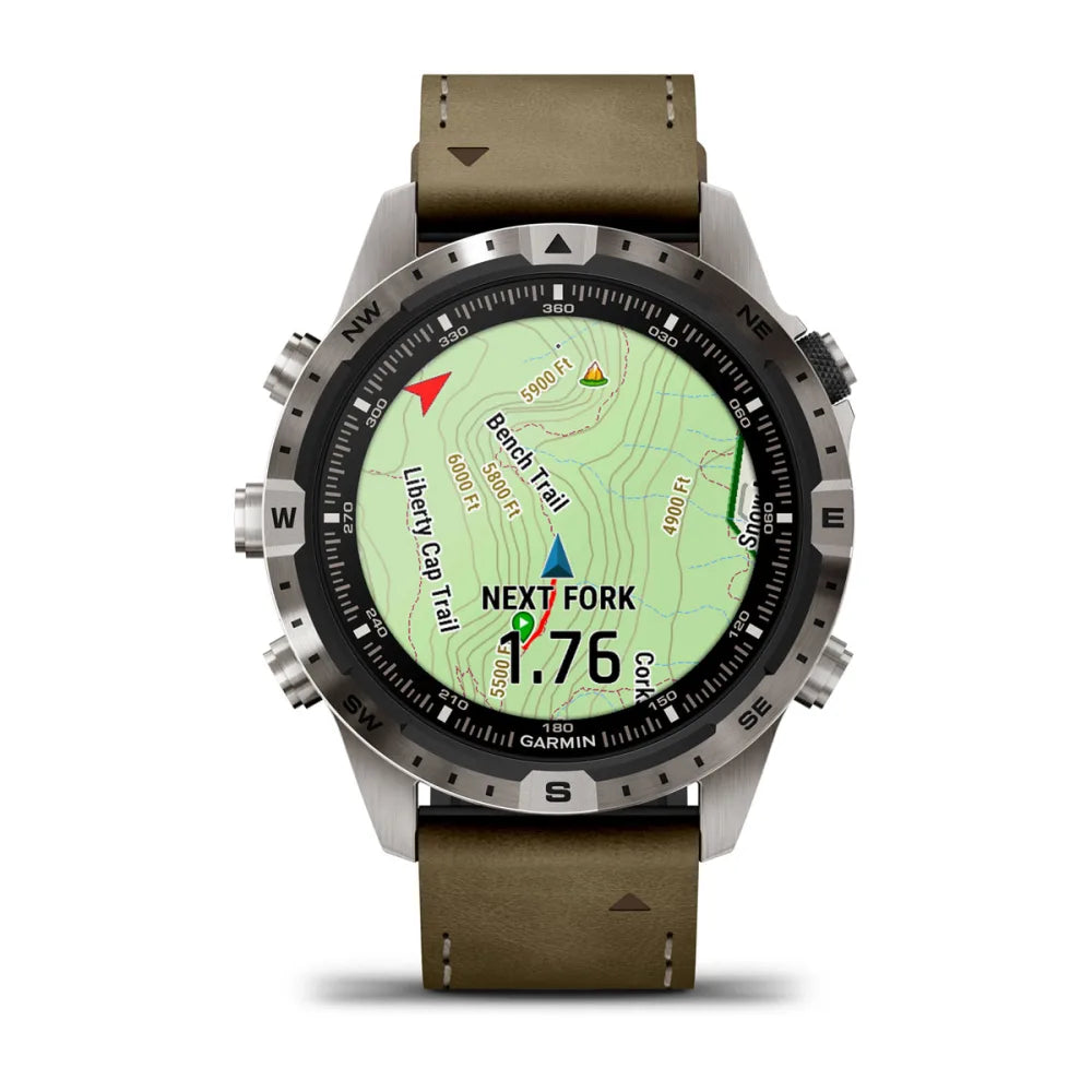 Garmin MARQ Adventurer (Gen 2) smartwatch displaying a topographic map with navigation details, including 'Next Fork' and trail names.