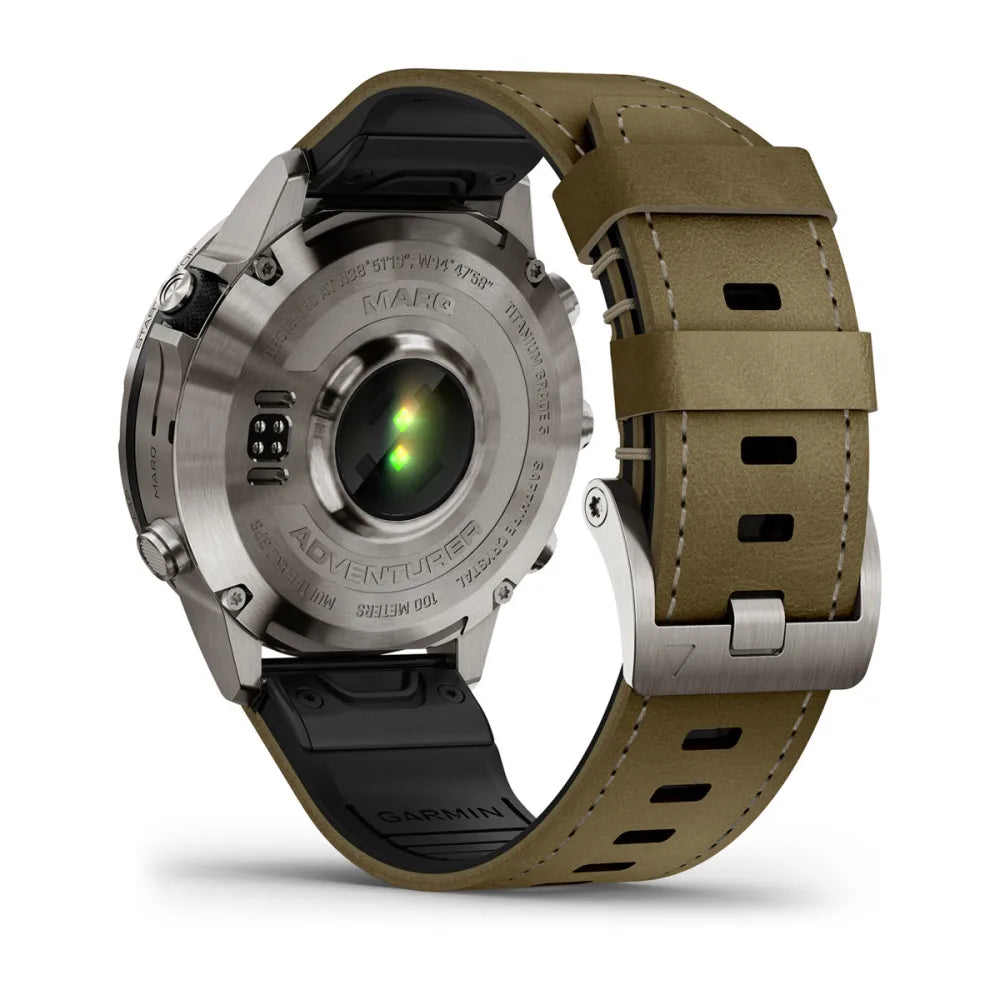 Back view of the Garmin MARQ Adventurer (Gen 2) smartwatch, showcasing its stainless steel case and dual-tone strap.