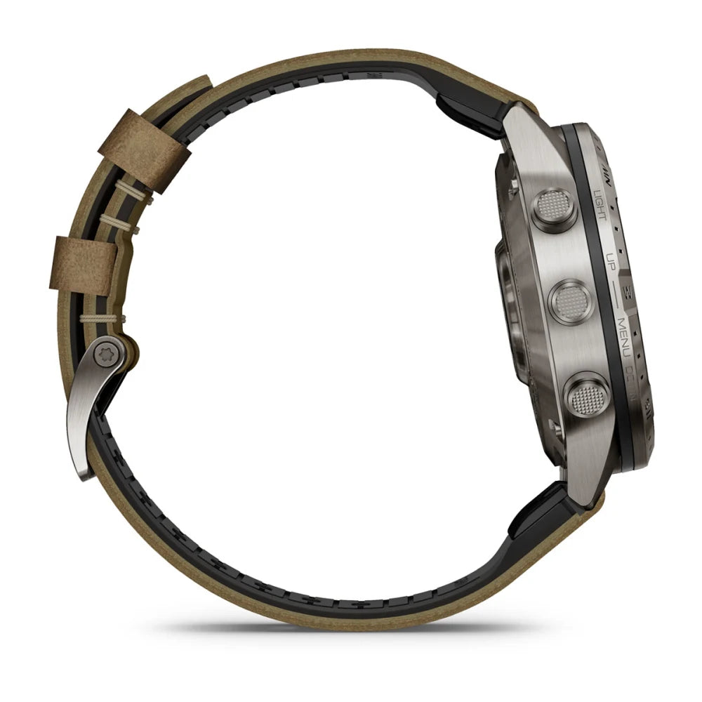 Side view of the Garmin MARQ Adventurer (Gen 2) smartwatch, showcasing its sleek design and dual-material strap.