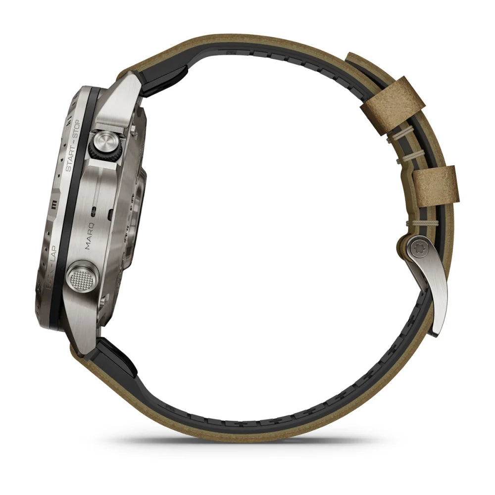 Side view of the Garmin MARQ Adventurer (Gen 2) smartwatch featuring a stainless steel case and a mixed material strap.
