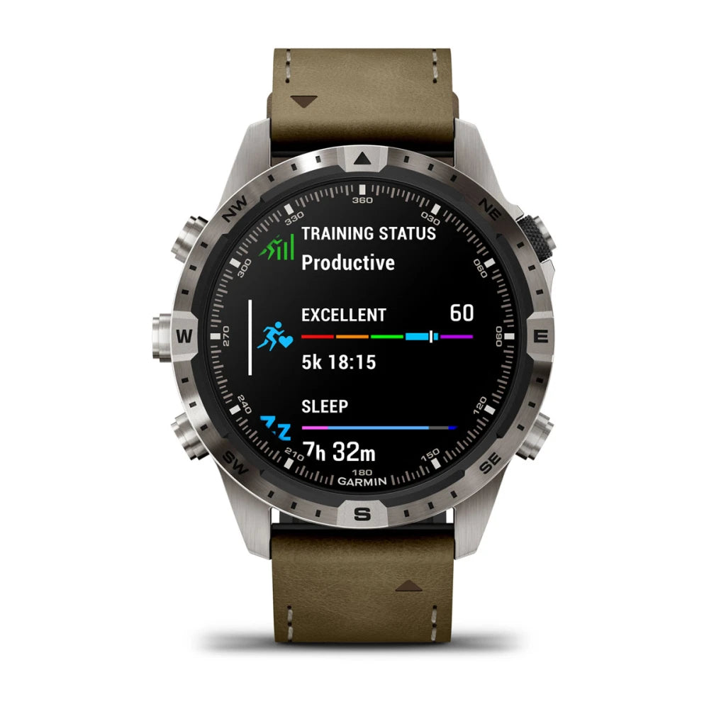 Garmin MARQ Adventurer (Gen 2) smartwatch displaying training status, including metrics for productivity, running performance, and sleep duration.