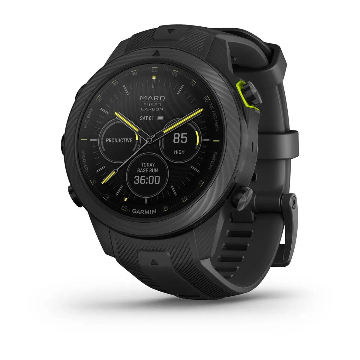 Garmin MARQ Athlete Gen 2 Carbon Edition luxury GPS watch – angled hero shot