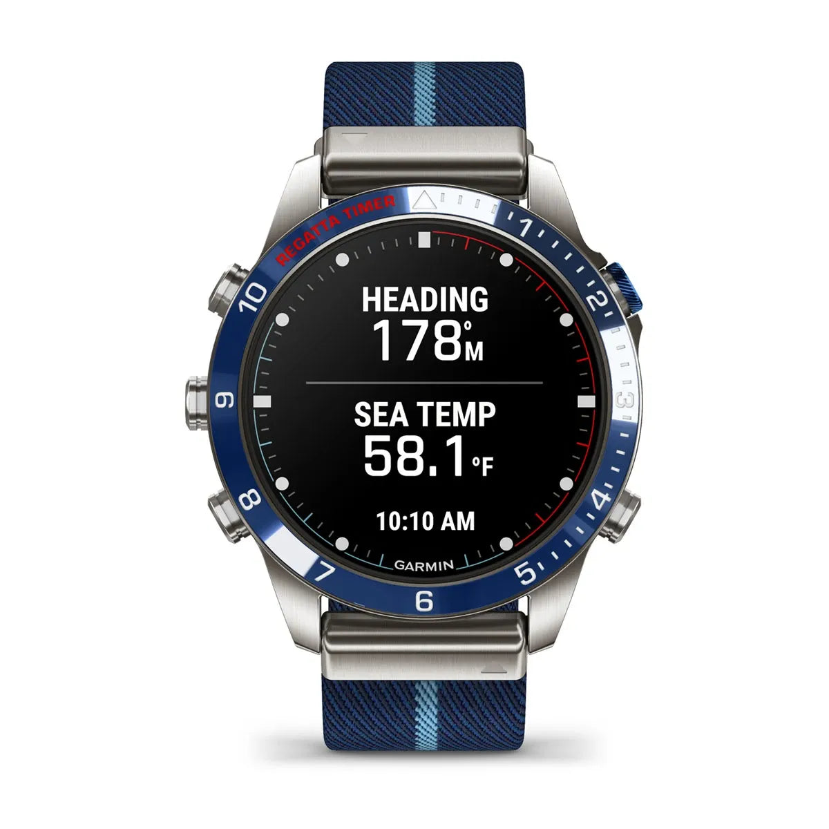 Garmin MARQ Captain Gen 2 – side profile showing bezel, buttons and blue strap