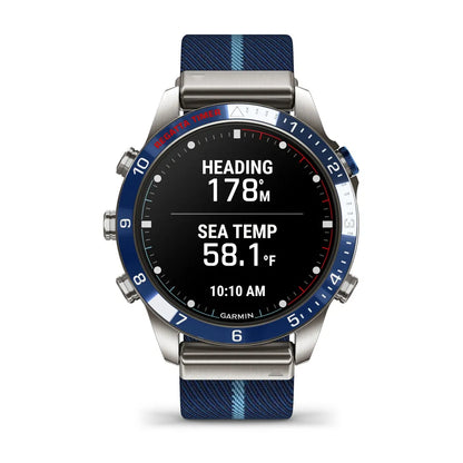 Garmin MARQ Captain Gen 2 – side profile showing bezel, buttons and blue strap