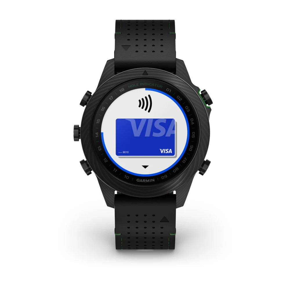 Garmin MARQ Golfer (Gen 2) Carbon Edition smartwatch displaying a digital Visa card with contactless payment symbol on the screen.