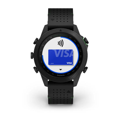 Garmin MARQ Golfer (Gen 2) Carbon Edition smartwatch displaying a digital Visa card with contactless payment symbol on the screen.