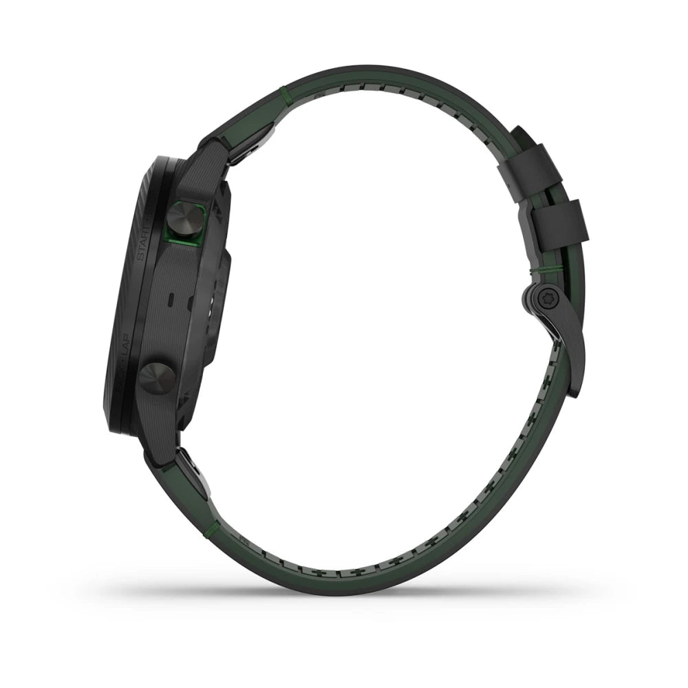 Garmin MARQ Golfer (Gen 2) Carbon Edition smartwatch displayed from the side, featuring a black and green design.