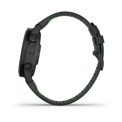 Garmin MARQ Golfer (Gen 2) Carbon Edition smartwatch displayed from the side, featuring a black and green design.