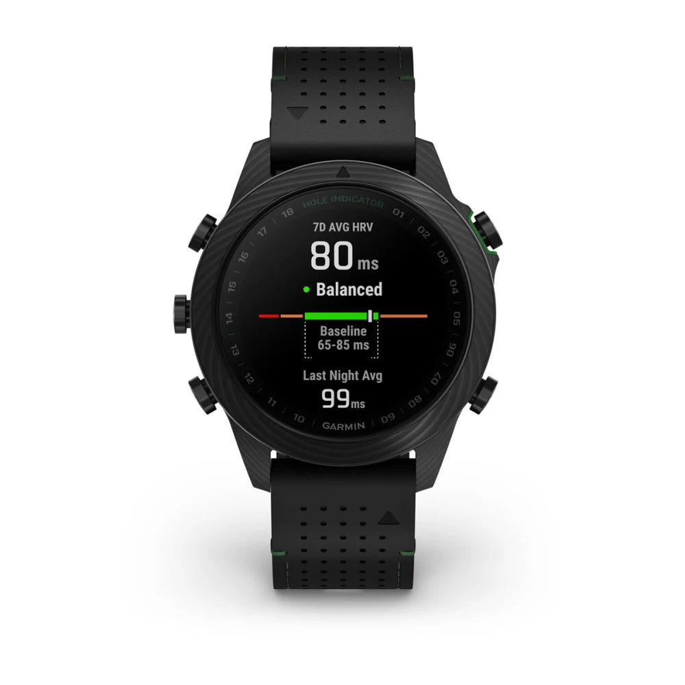 Garmin MARQ Golfer (Gen 2) Carbon Edition smartwatch displaying health metrics including 7-day average heart rate variability and last night average.