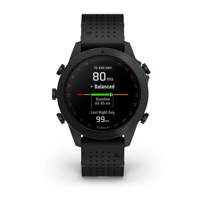 Garmin MARQ Golfer (Gen 2) Carbon Edition smartwatch displaying health metrics including 7-day average heart rate variability and last night average.