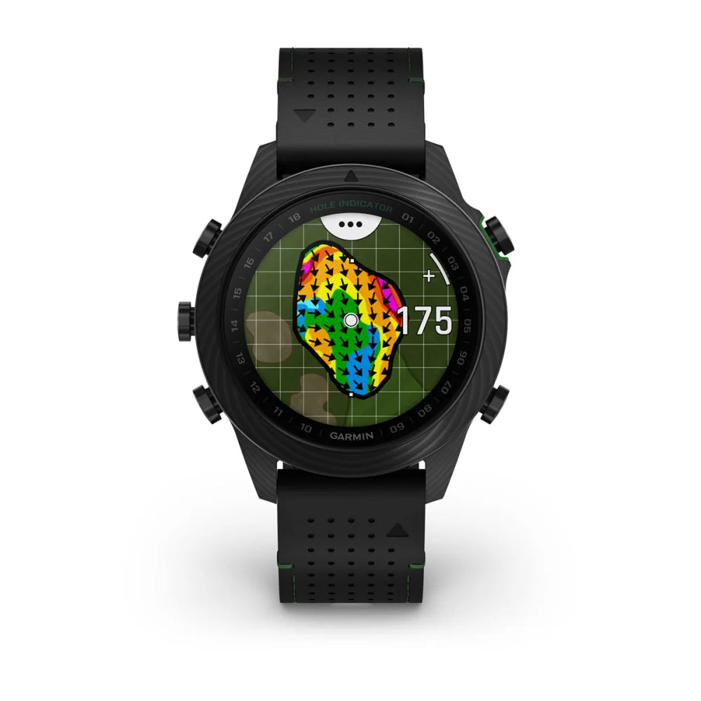 Garmin MARQ Golfer (Gen 2) Carbon Edition smartwatch displaying a colorful golf course map with hole indicator and distance measurement.