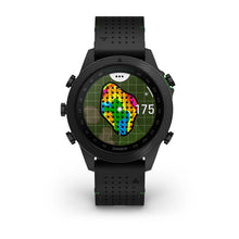 Garmin MARQ Golfer (Gen 2) Carbon Edition smartwatch displaying a colorful golf course map with hole indicator and distance measurement.