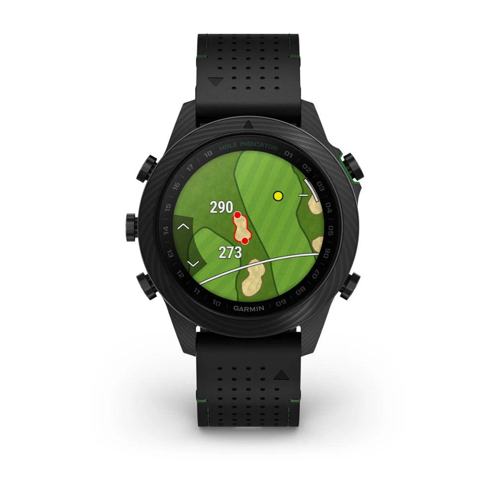 Garmin MARQ Golfer (Gen 2) Carbon Edition smartwatch displaying a golf course map with distances to the hole and hazards.