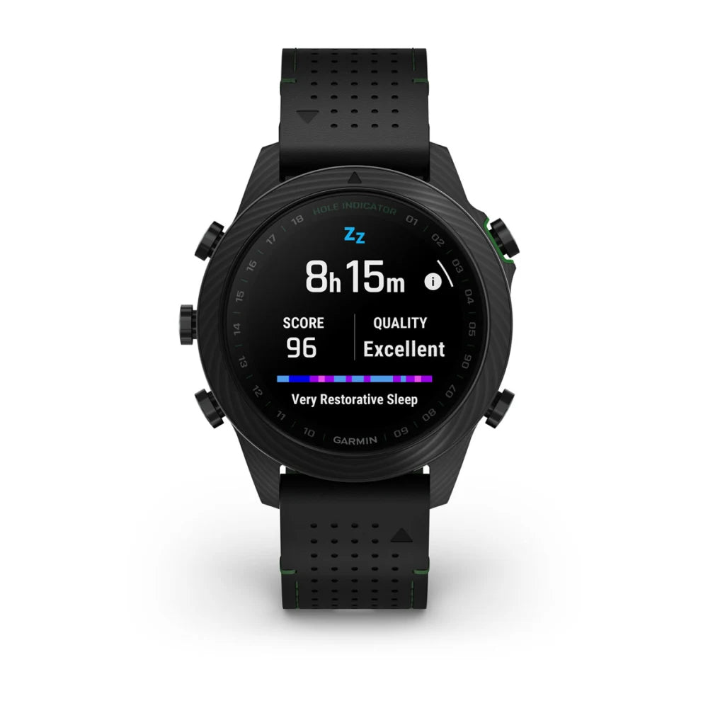 Garmin MARQ Golfer (Gen 2) Carbon Edition smartwatch displaying sleep data with a score of 96 and excellent quality.
